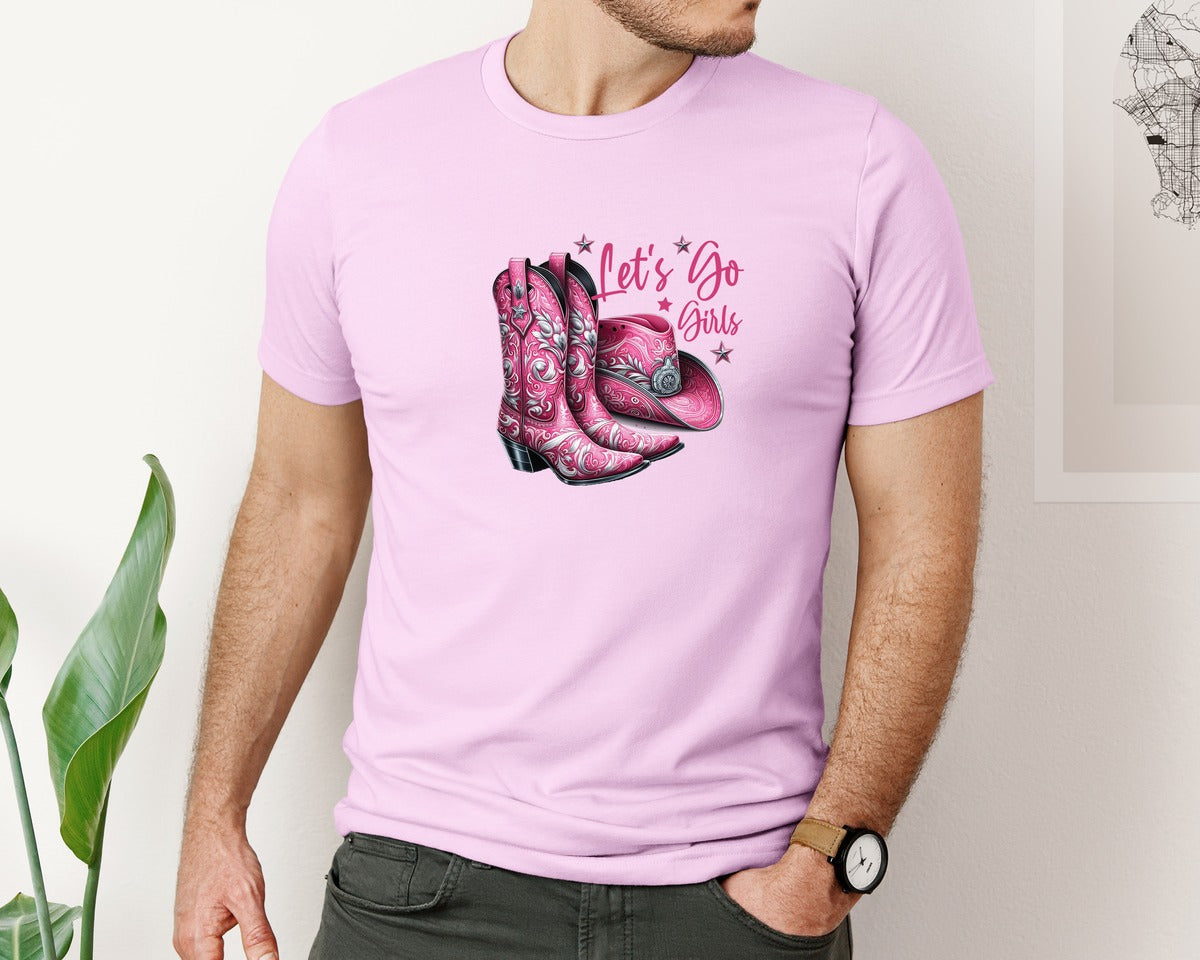 brand:Bella Canvas|color:Lilac|Lets Go Girls Cowgirl Boots 2 Graphic T-Shirt
