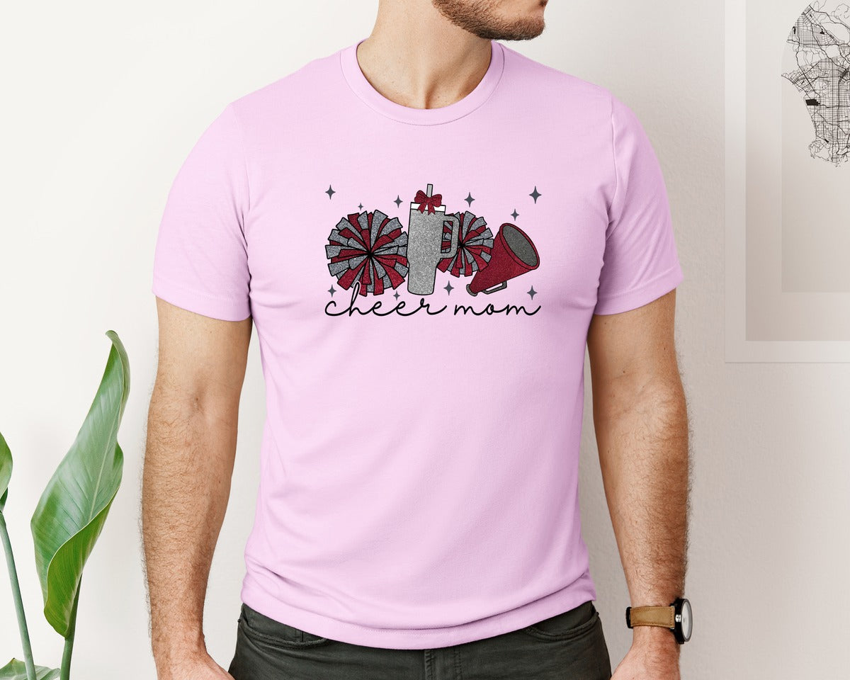brand:Bella Canvas|color:Lilac|Cheer Mom Glitter Cheerleading Graphic T-Shirt