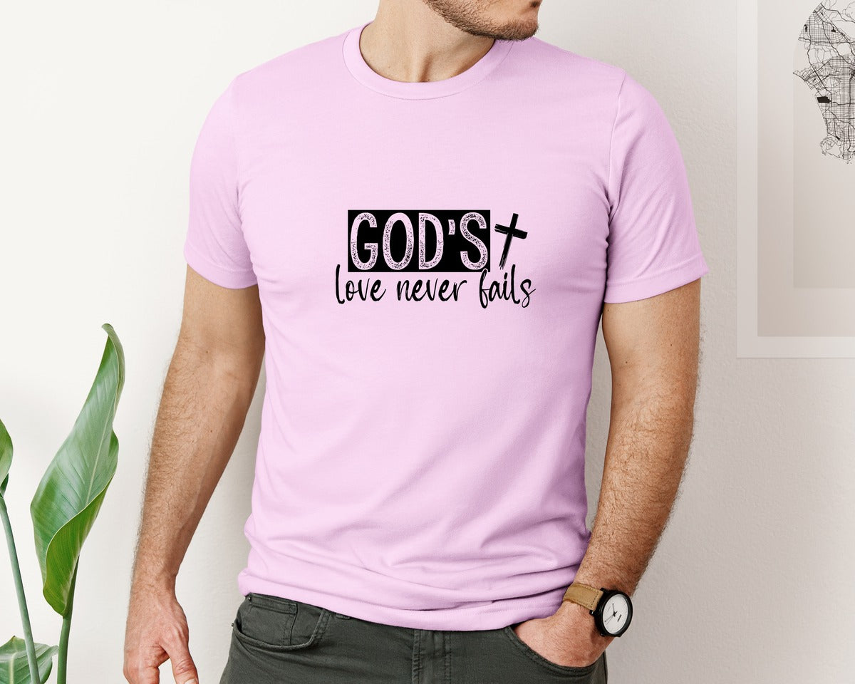 brand:Bella Canvas|color:Lilac|Gods Love Never Fails Sleeve Design 2 Graphic T-Shirt