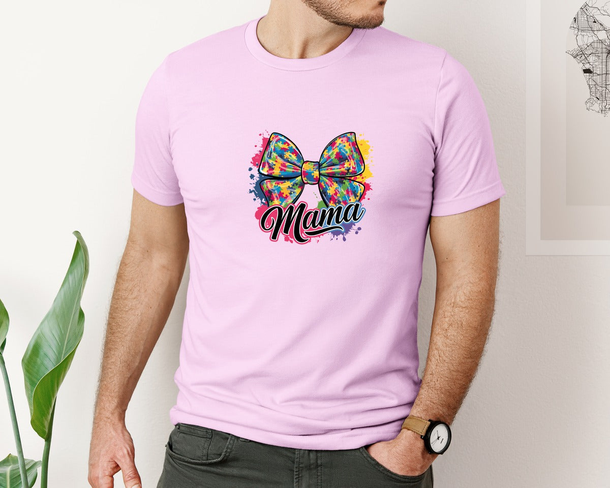brand:Bella Canvas|color:Lilac|Autism Mama Colorful Puzzle Bow Art Graphic T-Shirt