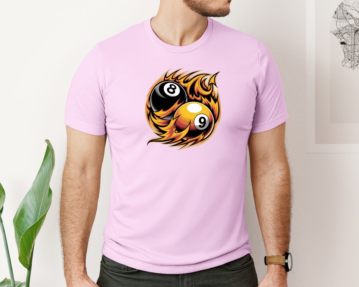 brand:Bella Canvas|color:Lilac|Flaming 8 9 Ball Billiards Graphic T-Shirt