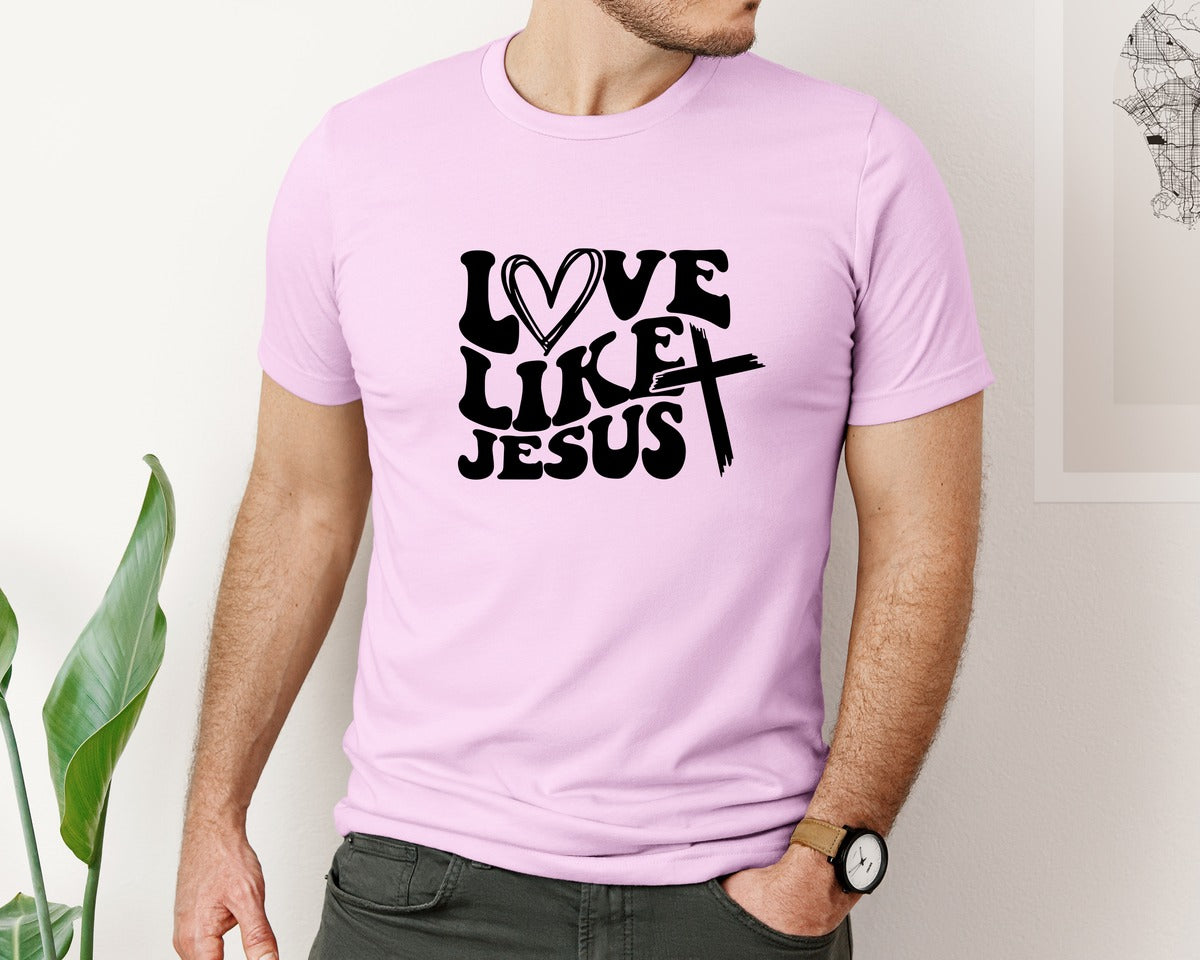 brand:Bella Canvas|color:Lilac|Love Like Jesus Wavy 2 Graphic T-Shirt