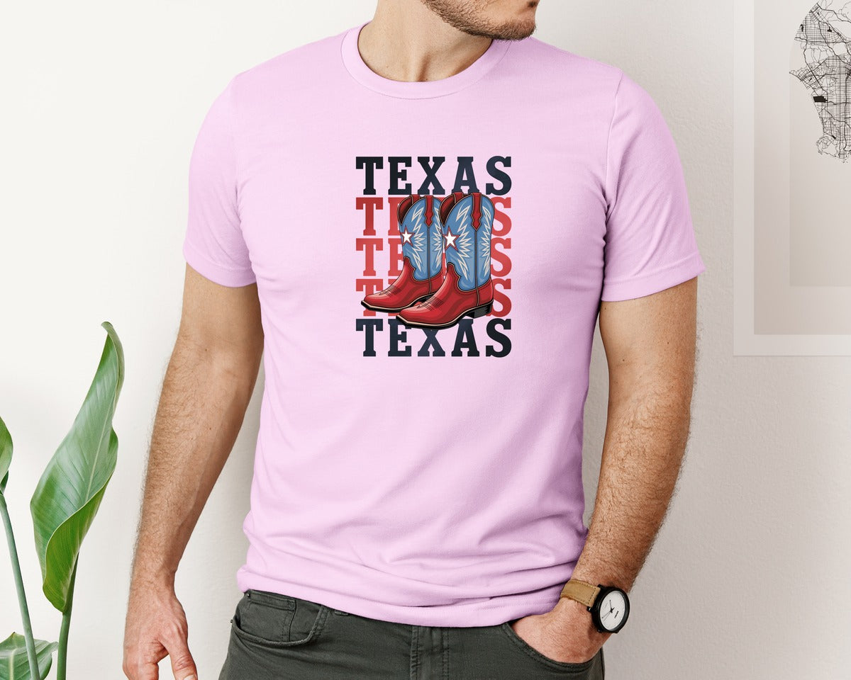 brand:Bella Canvas|color:Lilac|Texas Cowboy Boots Western Rodeo 4 Graphic T-Shirt