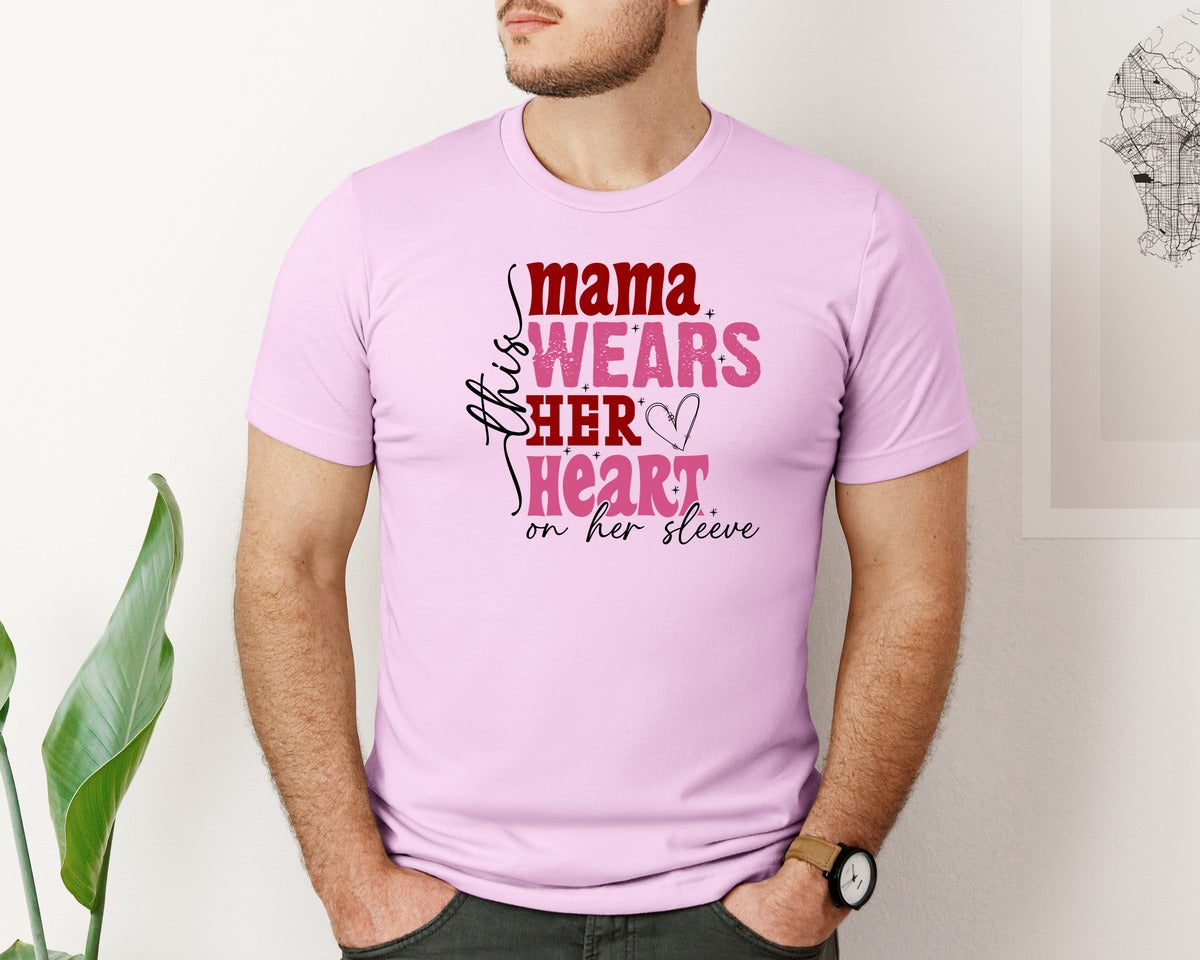 brand:Bella Canvas|color:Lilac|This Mama Wears Her Heart On Her Sleeve 84 Graphic T-Shirt
