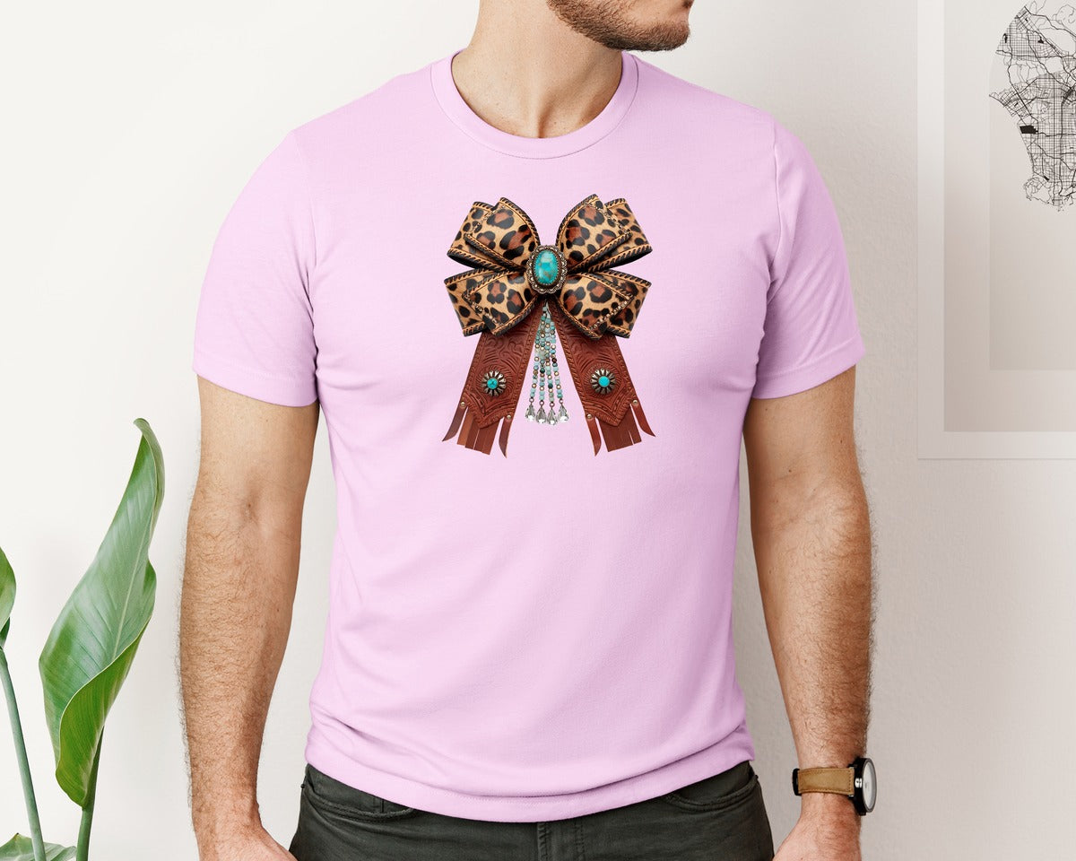 brand:Bella Canvas|color:Lilac|Western Leopard Bow Coquette Cowgirl 2 Graphic T-Shirt