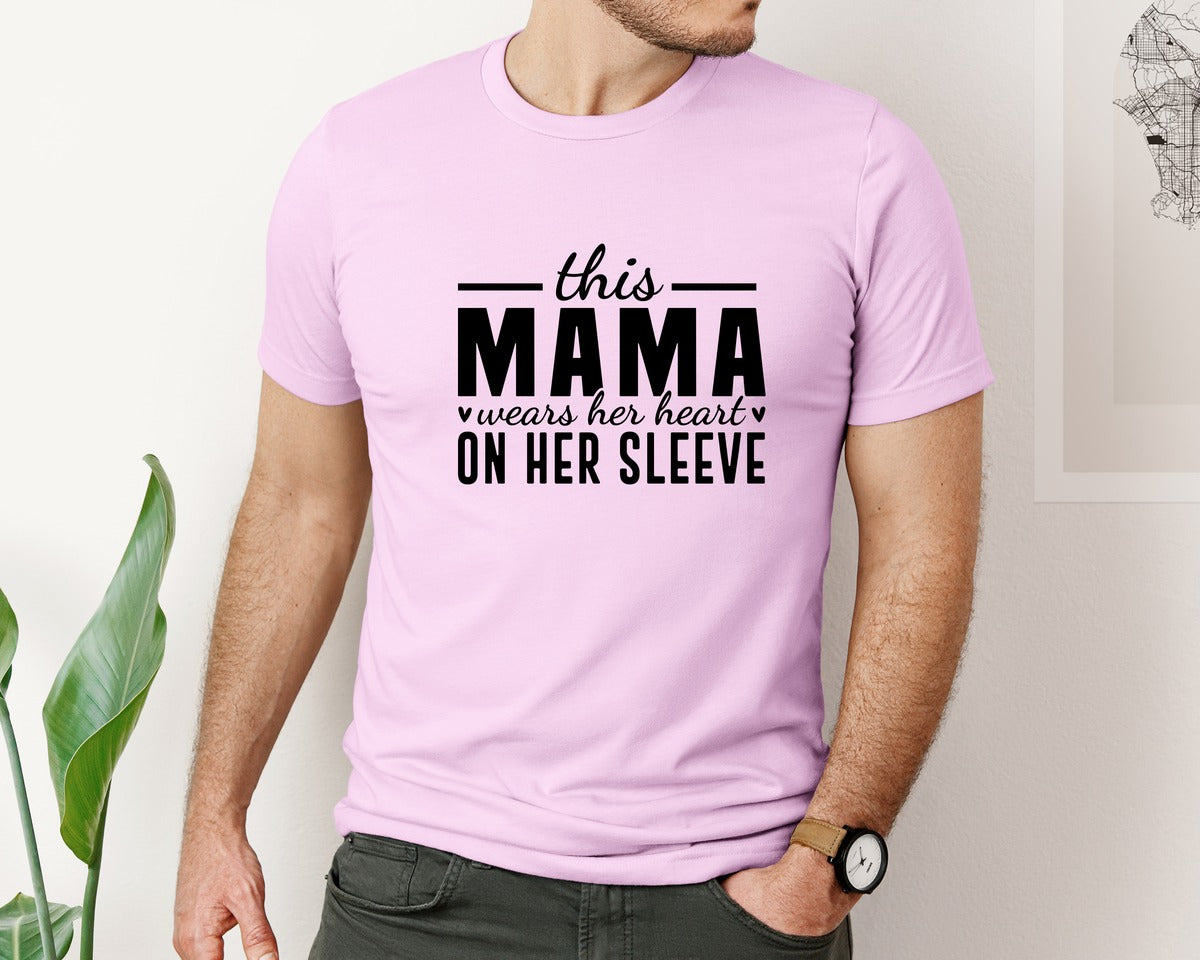brand:Bella Canvas|color:Lilac|This Mama Wears Her Heart On Her Sleeve 77 Graphic T-Shirt