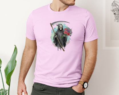 brand:Bella Canvas|color:Lilac|Grim Reaper With Flowers Gothic Graphic T-Shirt