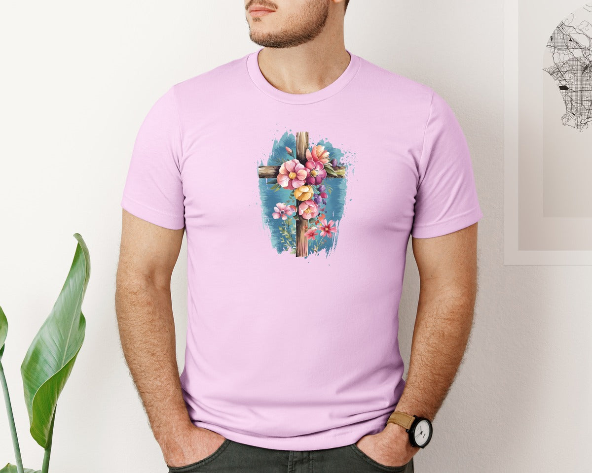 brand:Bella Canvas|color:Lilac|Floral Christian Cross Graphic T-Shirt
