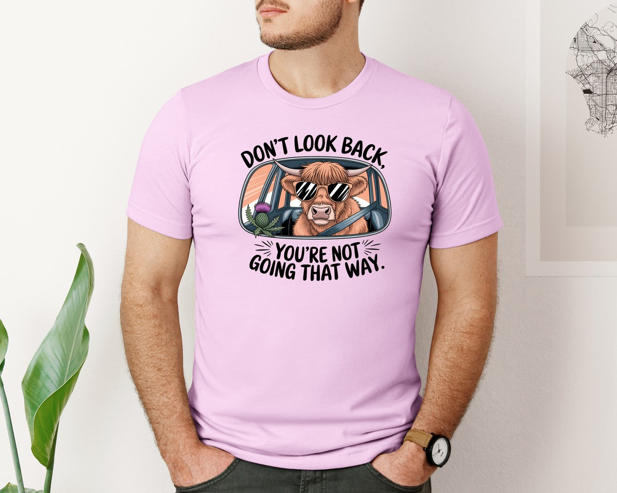 brand:Bella Canvas|color:Lilac|Dont Look Back Highland Cow Graphic T-Shirt