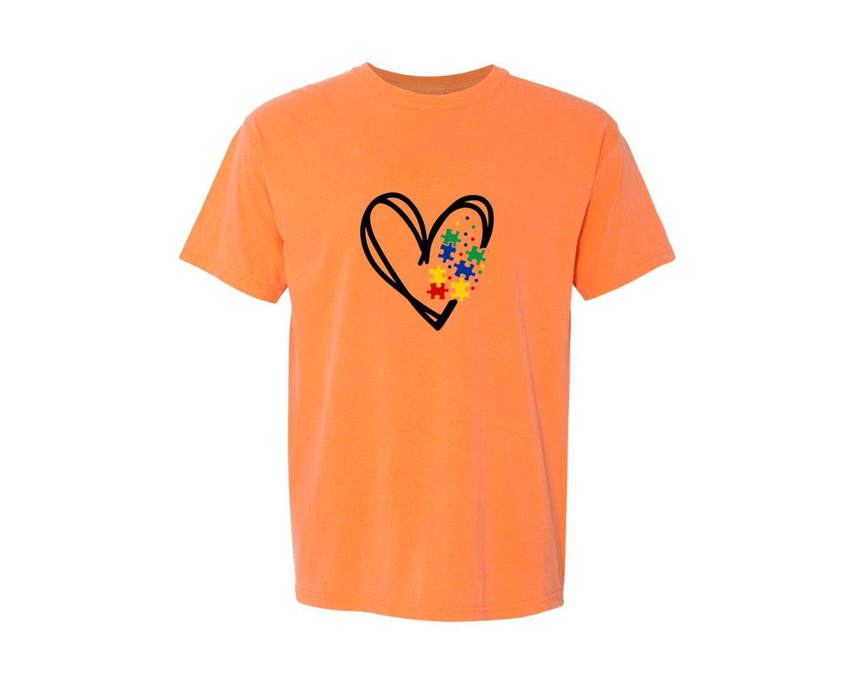 brand:Comfort Colors|color:Melon|Autism Heart Autism Puzzle Graphic T-Shirt