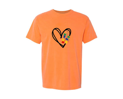 brand:Comfort Colors|color:Melon|Autism Heart Autism Puzzle Graphic T-Shirt