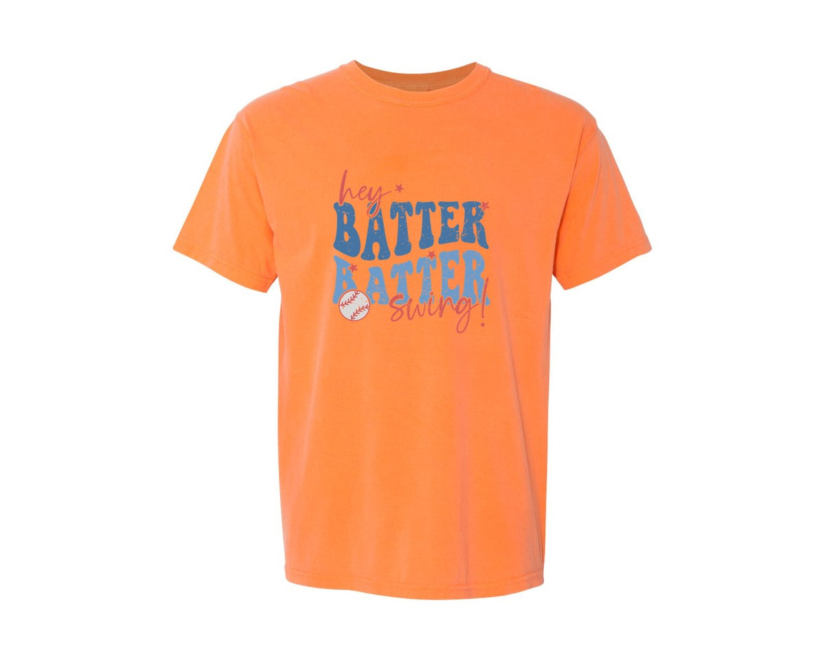 brand:Comfort Colors|color:Melon|Retro Baseball Hey Batter Batter Swing Graphic T-Shirt
