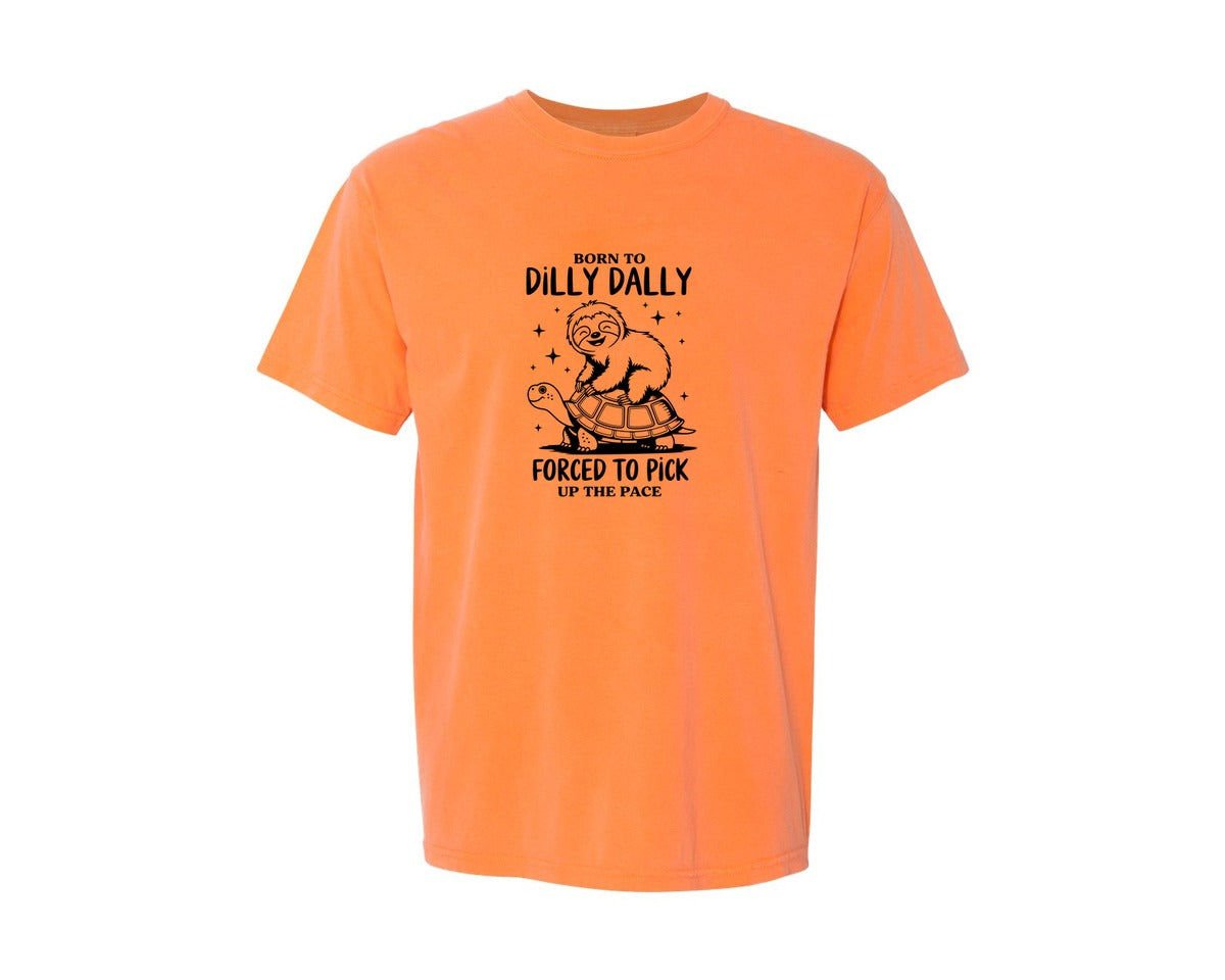 brand:Comfort Colors|color:Melon|Born To Dilly Dally Funny Sloth Graphic T-Shirt