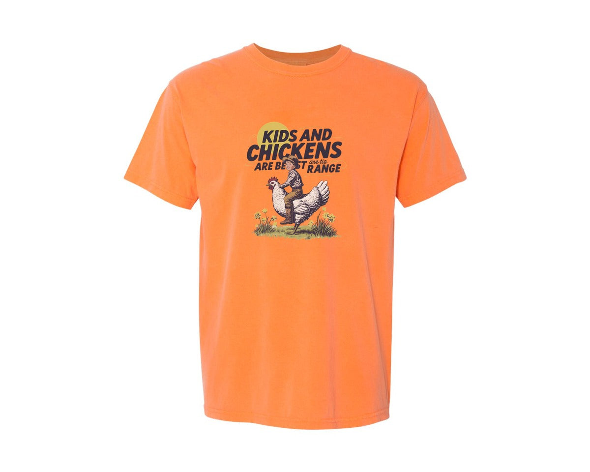 brand:Comfort Colors|color:Melon|Kids And Chickens Vintage Farm Graphic T-Shirt