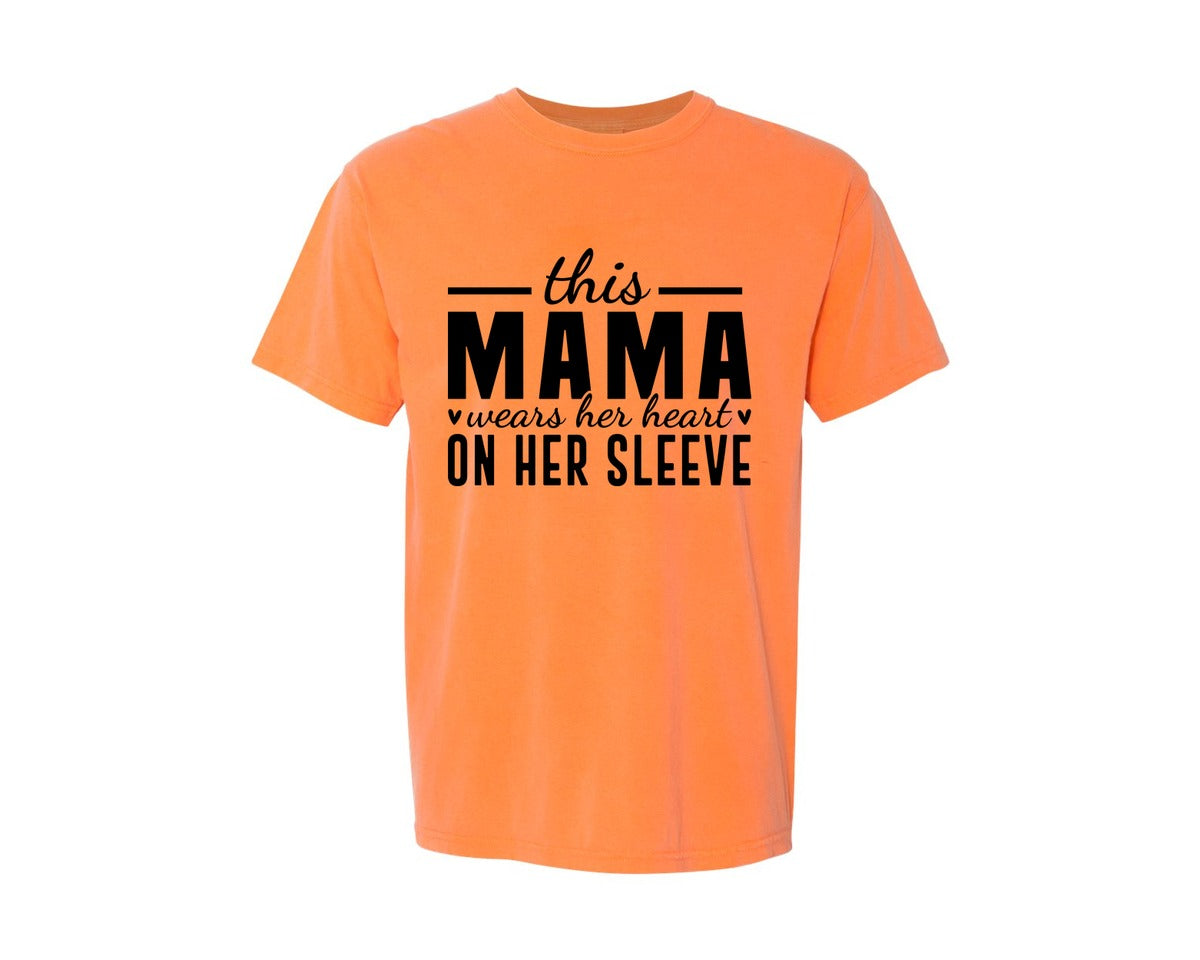 brand:Comfort Colors|color:Melon|This Mama Wears Her Heart On Her Sleeve 77 Graphic T-Shirt