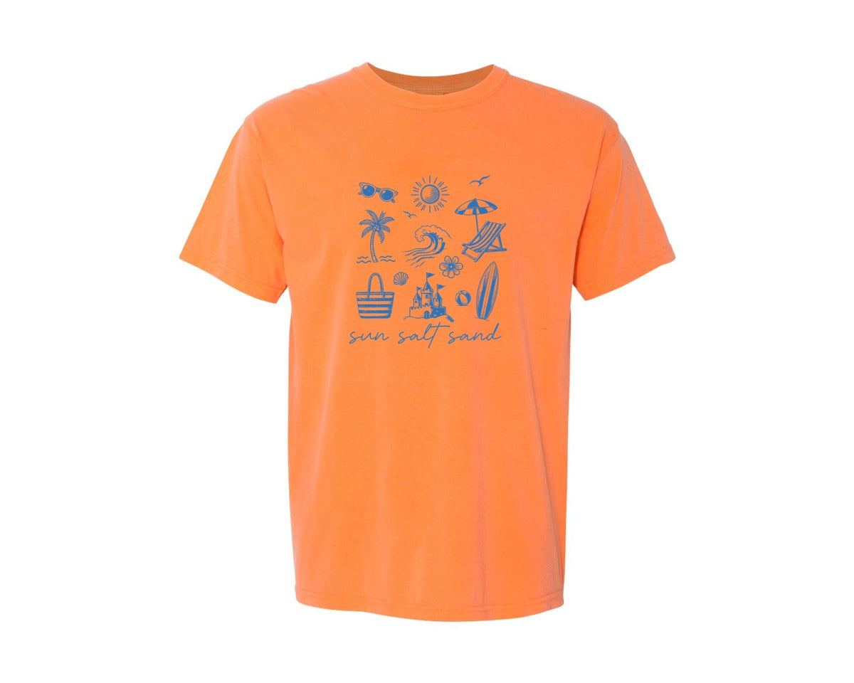 brand:Comfort Colors|color:Melon|Summer Coastal Sun Salt Sand Line Art Graphic T-Shirt