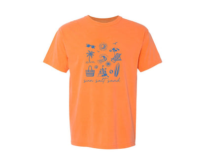 brand:Comfort Colors|color:Melon|Summer Coastal Sun Salt Sand Line Art Graphic T-Shirt