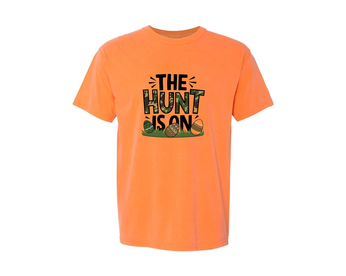 brand:Comfort Colors|color:Melon|The Hunt Is On Camo Easter Egg Camo Graphic T-Shirt