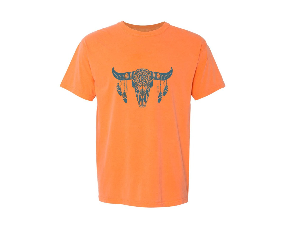 brand:Comfort Colors|color:Melon|Western Bull Skull Aztec Boho Longhorn Graphic T-Shirt