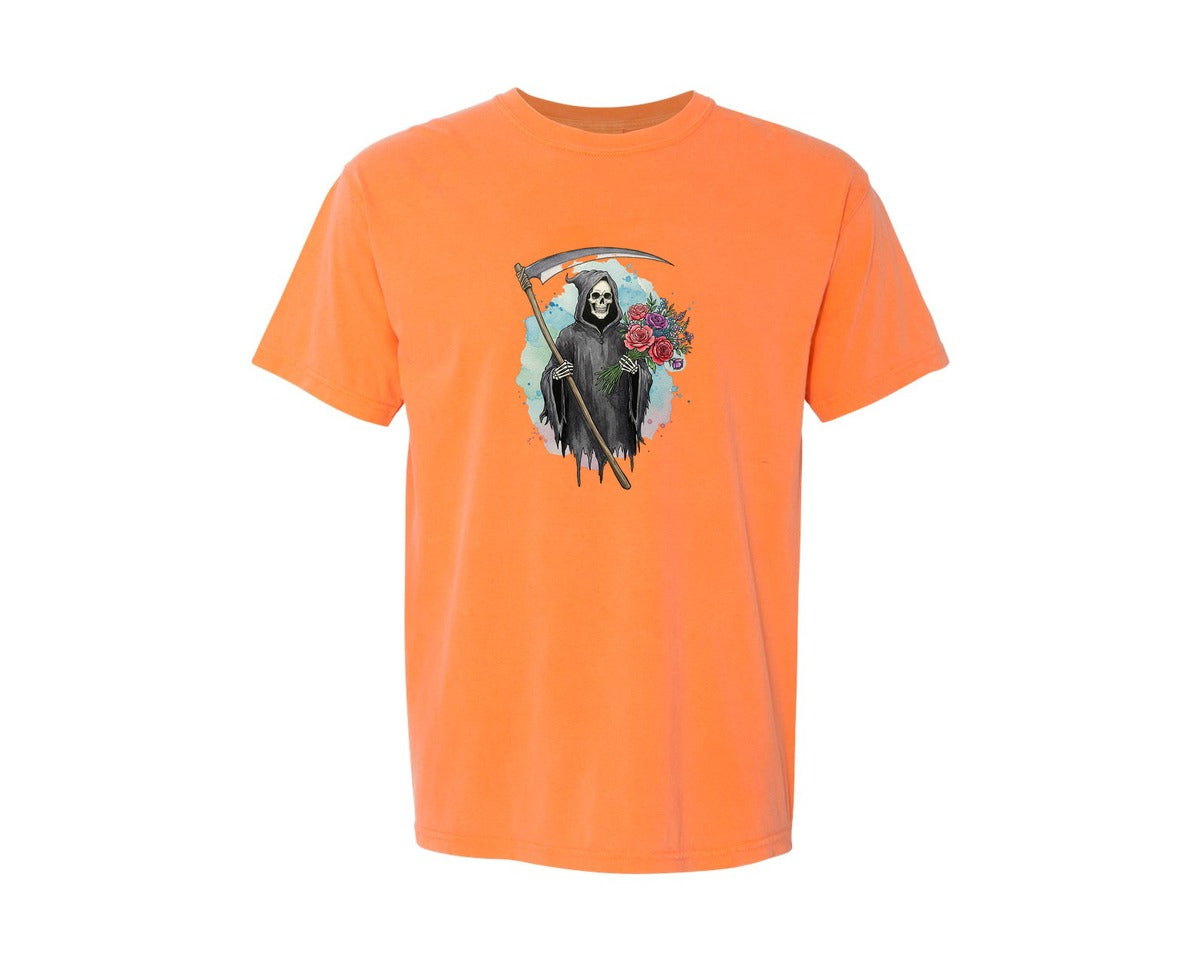 brand:Comfort Colors|color:Melon|Grim Reaper With Flowers Gothic Graphic T-Shirt