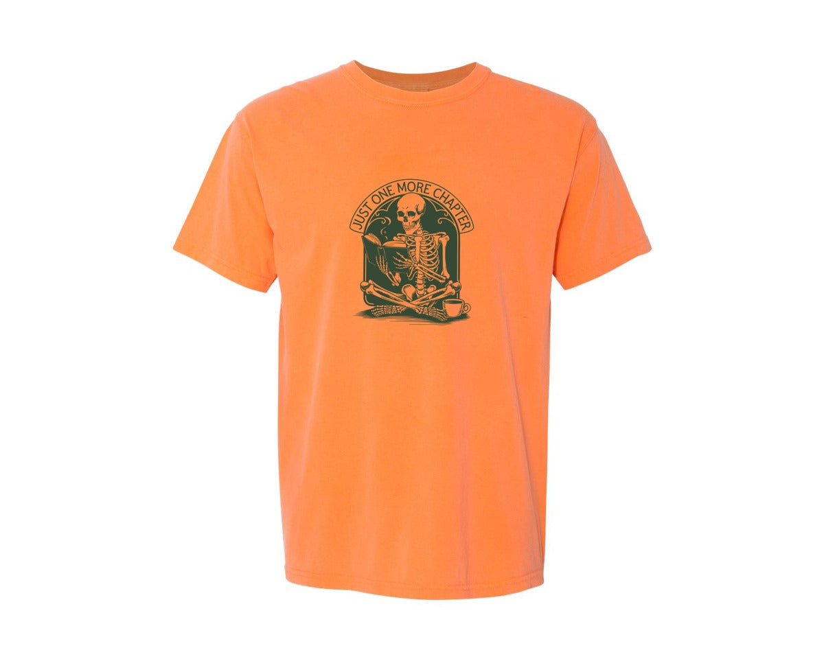 brand:Comfort Colors|color:Melon|Just One More Chapter Skeleton Coffee 2 Graphic T-Shirt