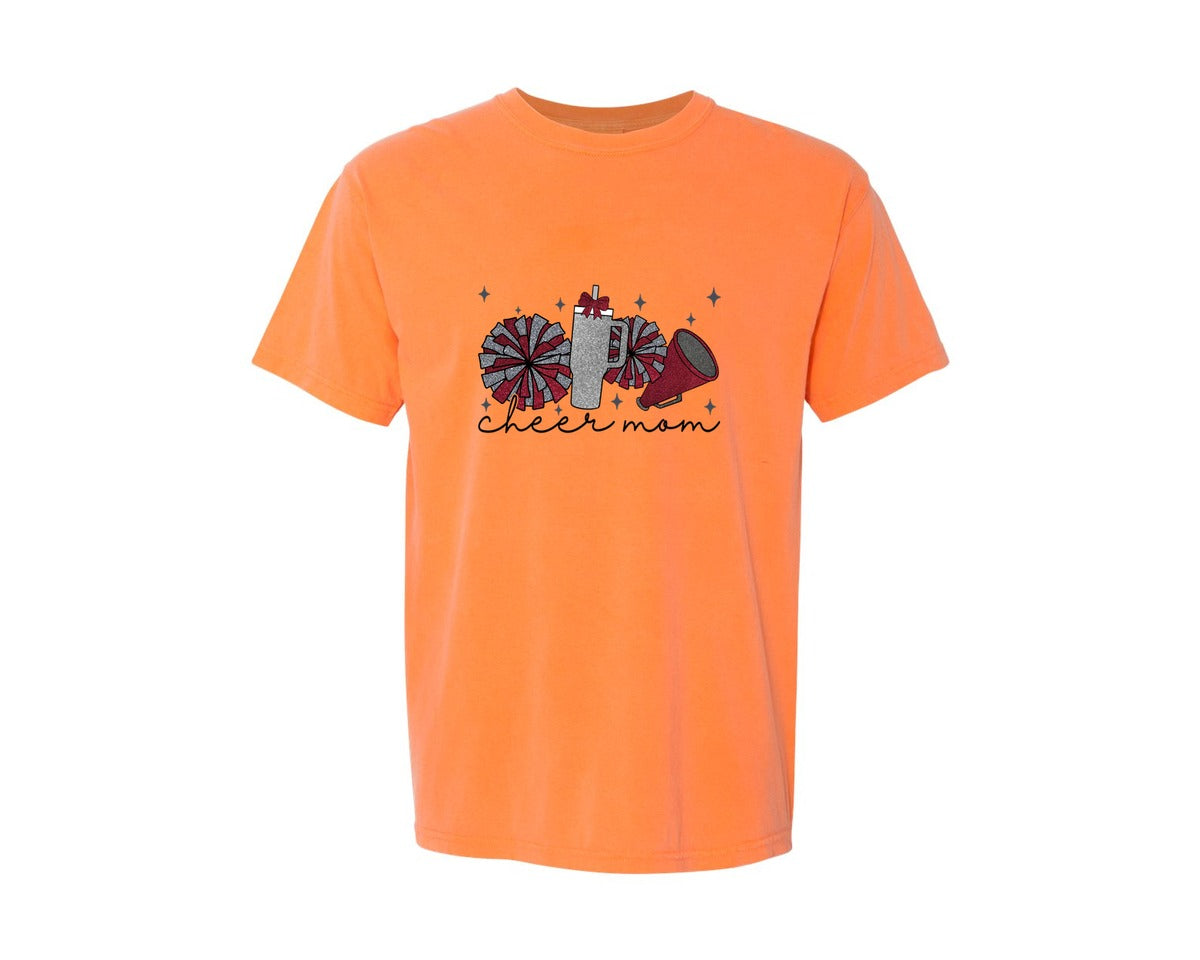 brand:Comfort Colors|color:Melon|Cheer Mom Glitter Cheerleading Graphic T-Shirt