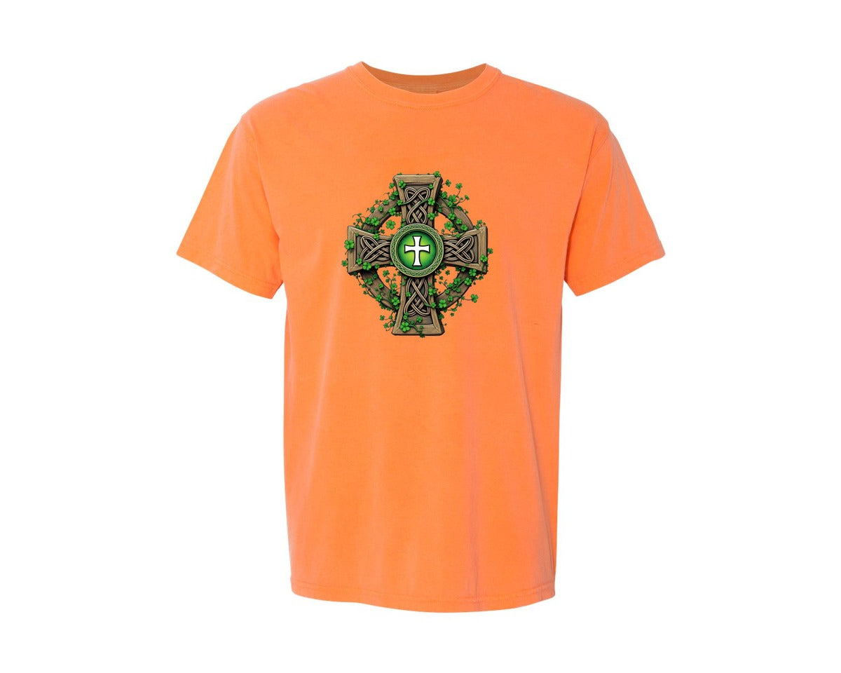 brand:Comfort Colors|color:Melon|Celtic Cross With Shamrocks Irish Graphic T-Shirt