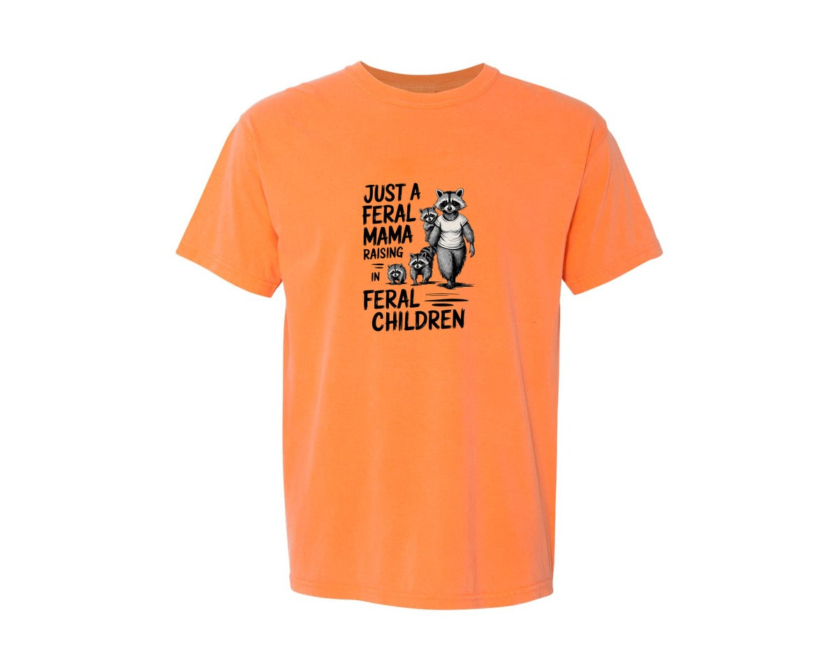 brand:Comfort Colors|color:Melon|Funny Mothers Day Raccoon Mama Tired Graphic T-Shirt