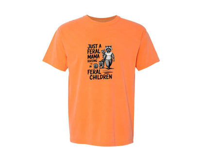 brand:Comfort Colors|color:Melon|Funny Mothers Day Raccoon Mama Tired Graphic T-Shirt