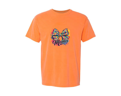 brand:Comfort Colors|color:Melon|Autism Mama Colorful Puzzle Bow Art Graphic T-Shirt