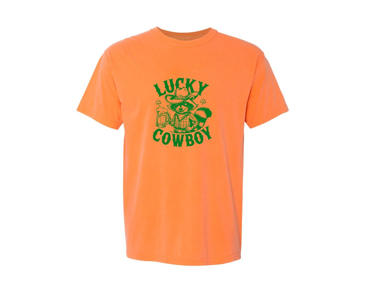 brand:Comfort Colors|color:Melon|Lucky Cowboy Funny St Patricks Day Graphic T-Shirt