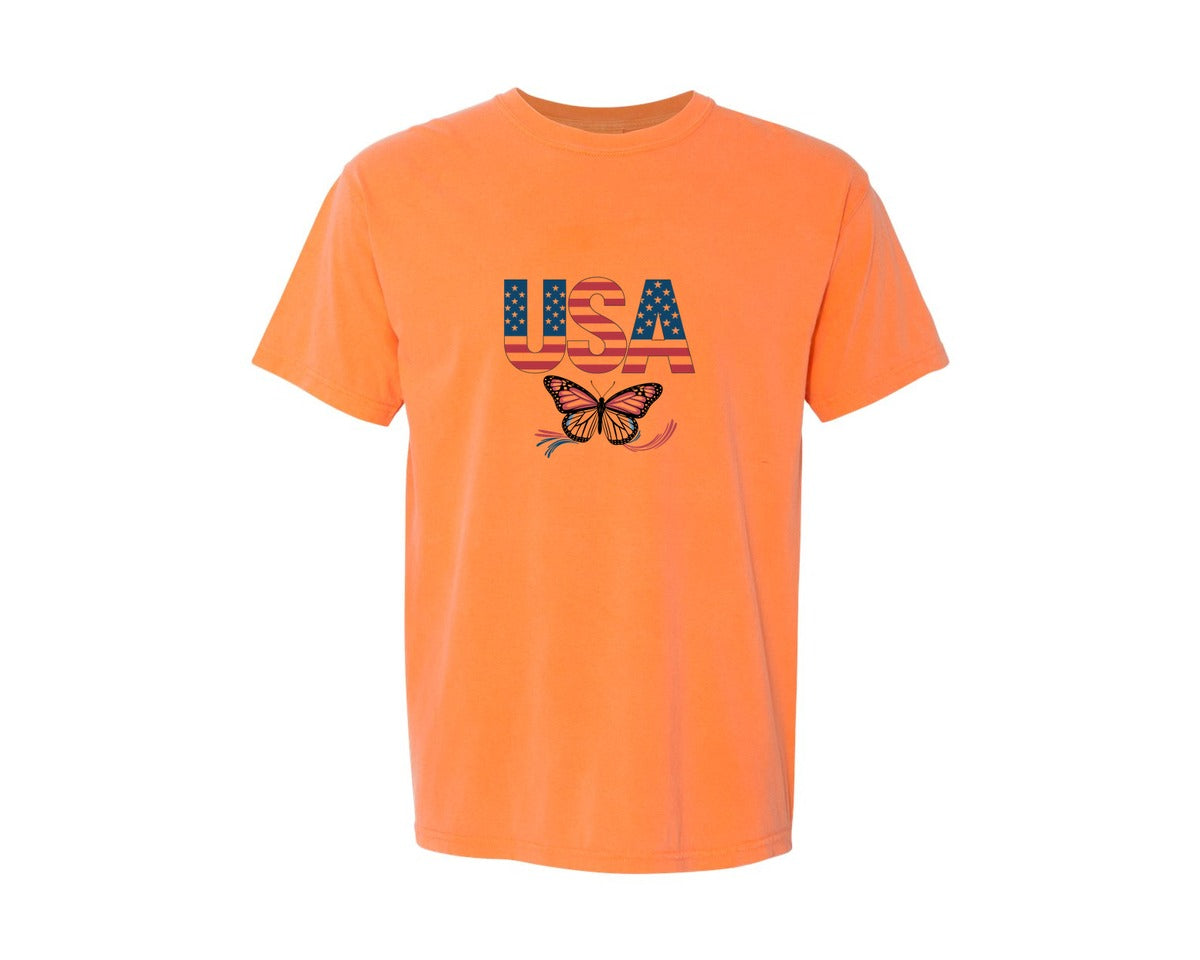brand:Comfort Colors|color:Melon|Usa Butterfly Patriotic Graphic T-Shirt