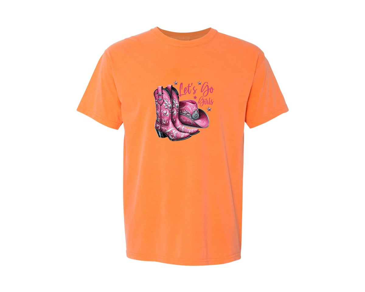 brand:Comfort Colors|color:Melon|Lets Go Girls Cowgirl Boots 2 Graphic T-Shirt