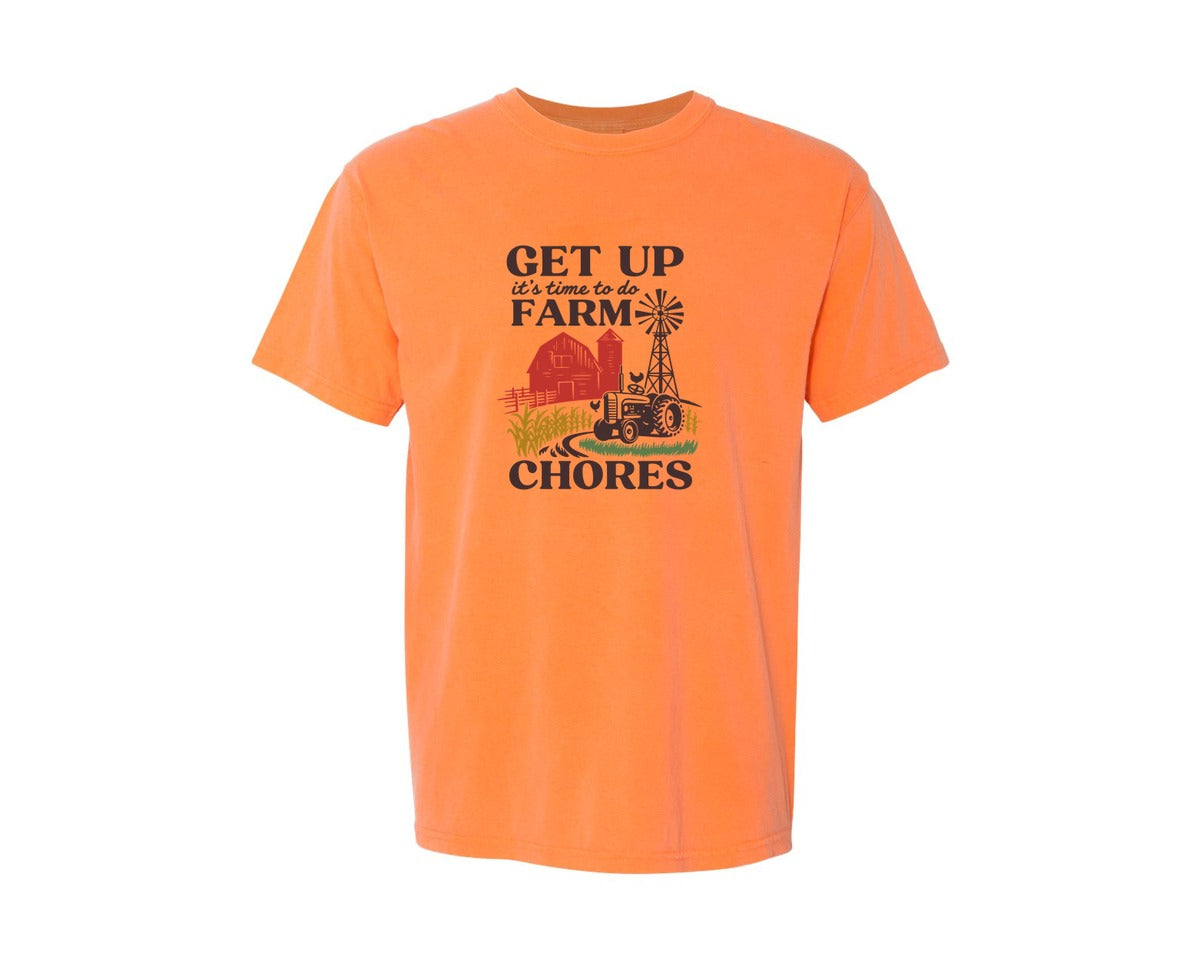 brand:Comfort Colors|color:Melon|Get Up Its Time To Do Farm Chores 2 Graphic T-Shirt