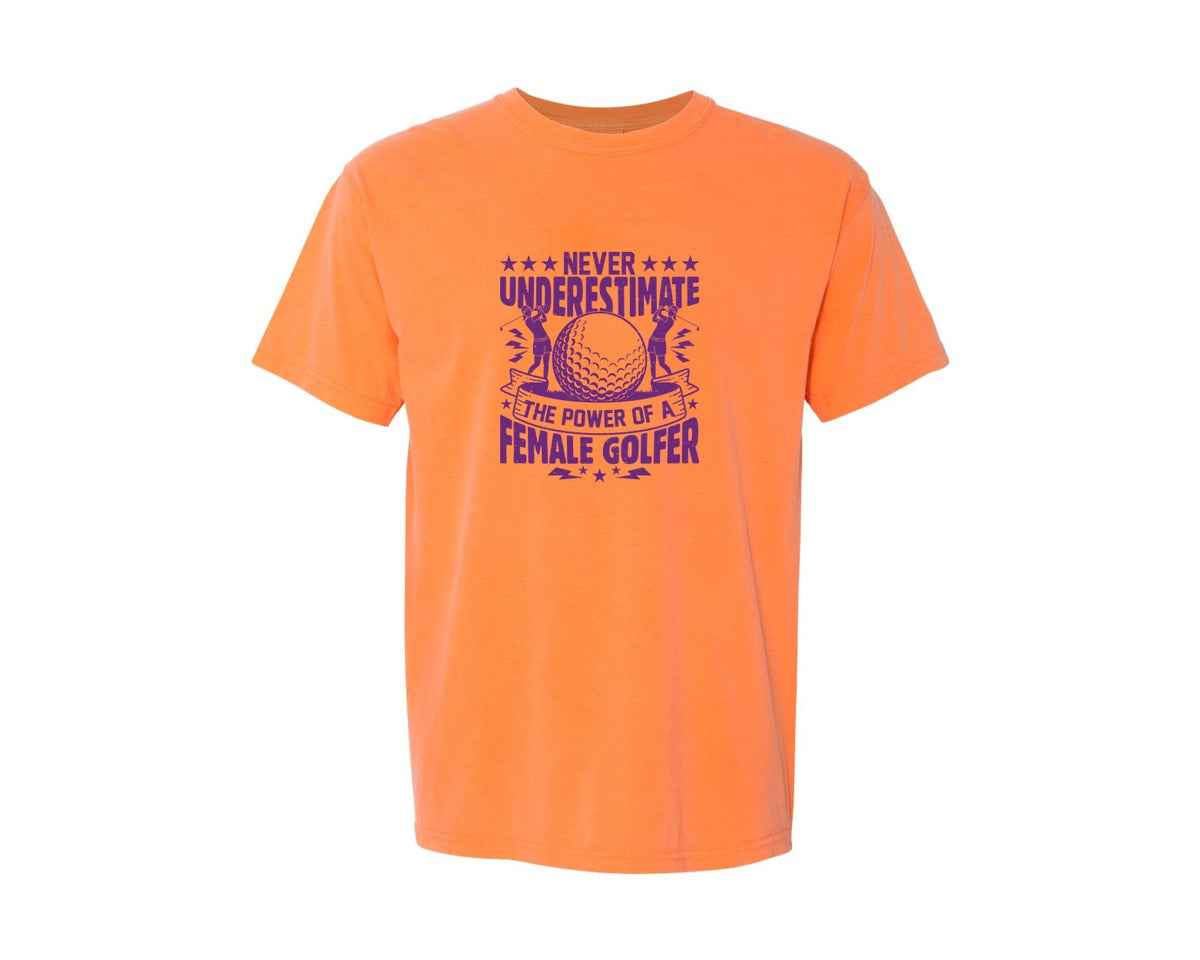 brand:Comfort Colors|color:Melon|Female Golfer Golf Club T Shirt Design Graphic T-Shirt