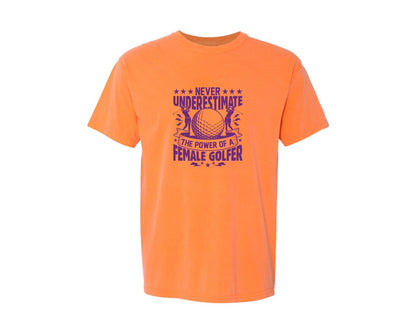 brand:Comfort Colors|color:Melon|Female Golfer Golf Club T Shirt Design Graphic T-Shirt