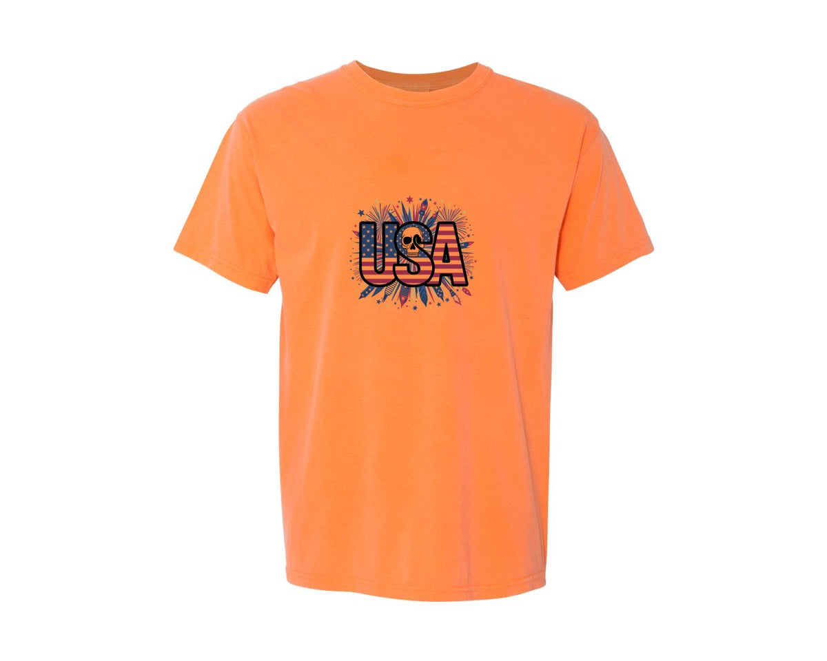 brand:Comfort Colors|color:Melon|Usa Skull Fireworks 4Th Of July T Shirt 2 Graphic T-Shirt