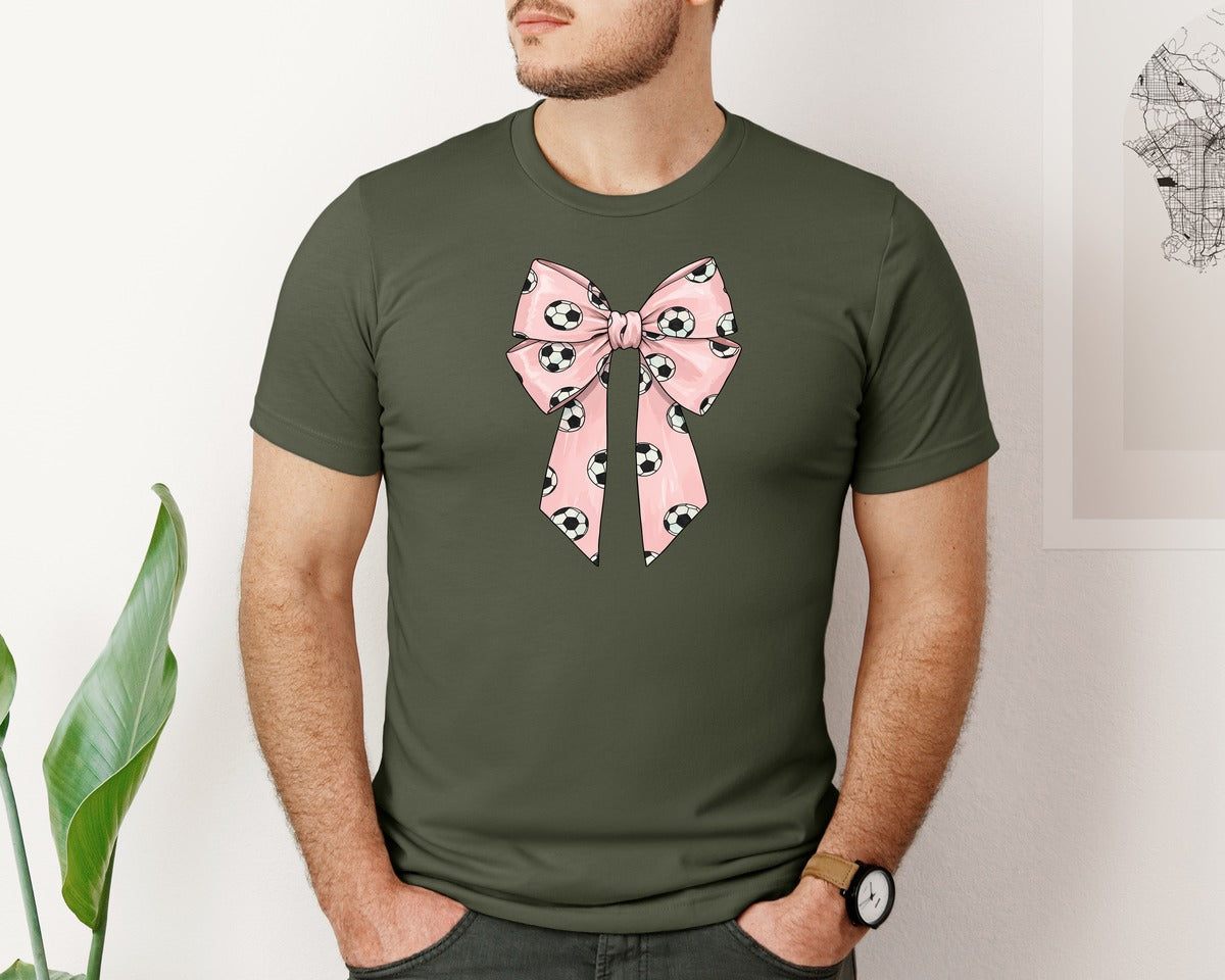 brand:Bella Canvas|color:Military Green|Soccer Pattern Coquette Bow Graphic T-Shirt