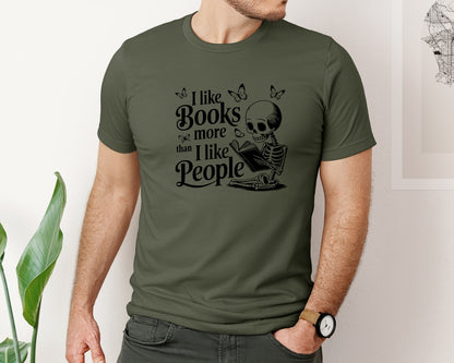 brand:Bella Canvas|color:Military Green|I Like Books More Than I Like People 3 Graphic T-Shirt