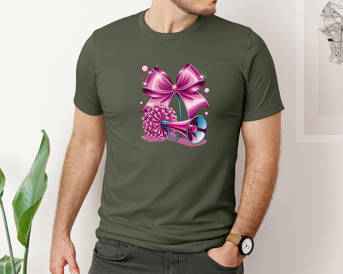brand:Bella Canvas|color:Military Green|Cheerleading Bow Pom Poms Graphic T-Shirt