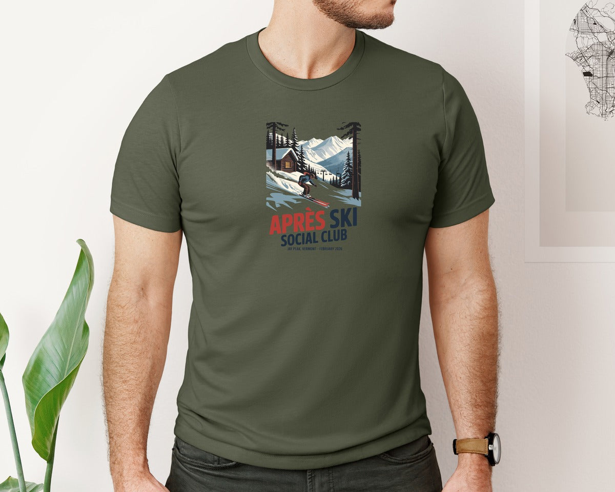brand:Bella Canvas|color:Military Green|Apres Ski Social Club Jay Peak Vermont Graphic T-Shirt