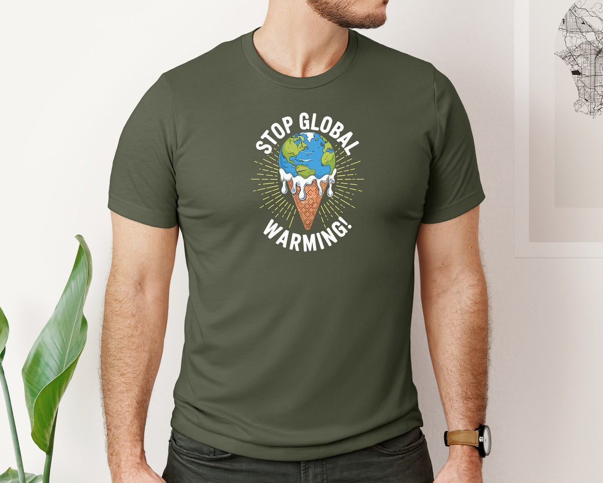 brand:Bella Canvas|color:Military Green|Stop Global Warming Funny Cute Teacher 2 Graphic T-Shirt
