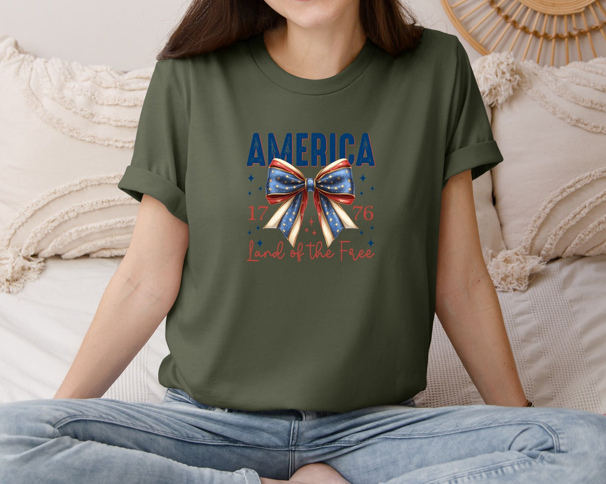 brand:Bella Canvas|color:Military Green|America Bow Land Of The Free Graphic T-Shirt