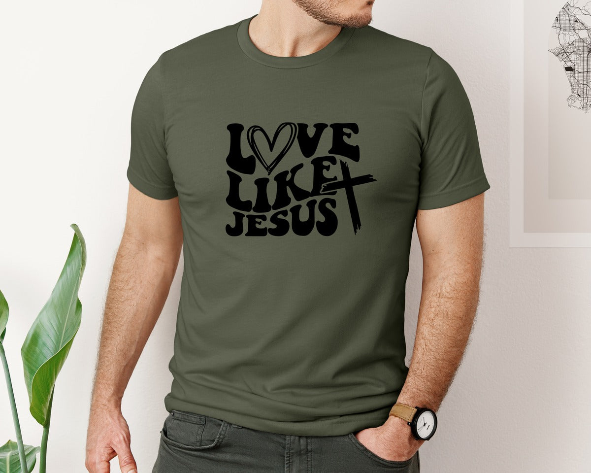 brand:Bella Canvas|color:Military Green|Love Like Jesus Wavy 2 Graphic T-Shirt