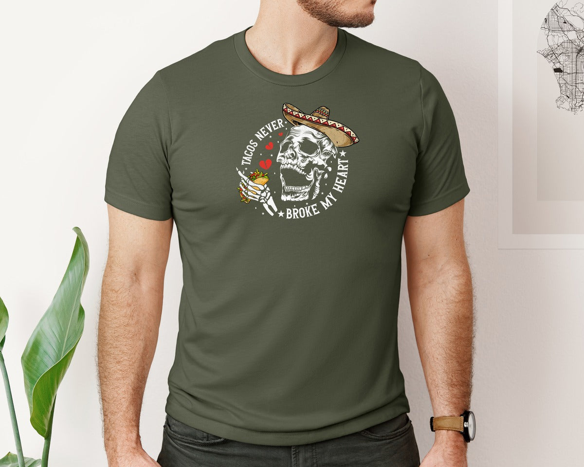 brand:Bella Canvas|color:Military Green|Tacos Never Broke My Heart Skeleton Graphic T-Shirt