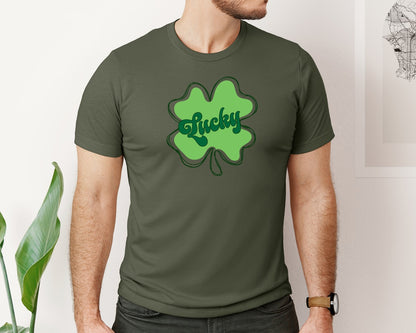 brand:Bella Canvas|color:Military Green|Lucky St Patricks Day Clover 2 Graphic T-Shirt