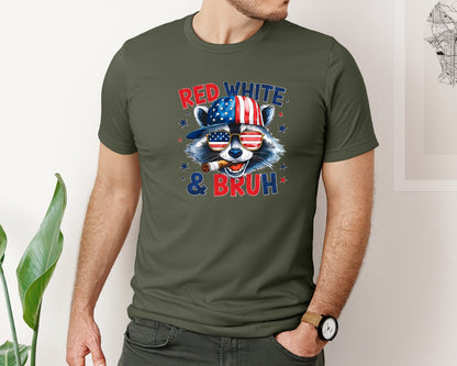 brand:Bella Canvas|color:Military Green|Red White And Bruh Funny Raccoon Usa Graphic T-Shirt