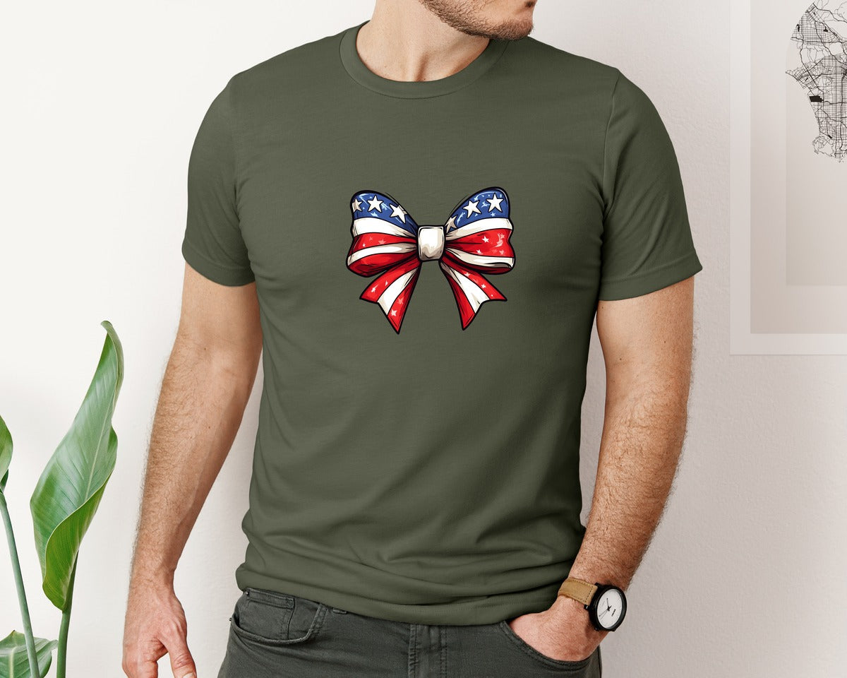 brand:Bella Canvas|color:Military Green|Coquette Bow 4Th July American Flag 6 Graphic T-Shirt