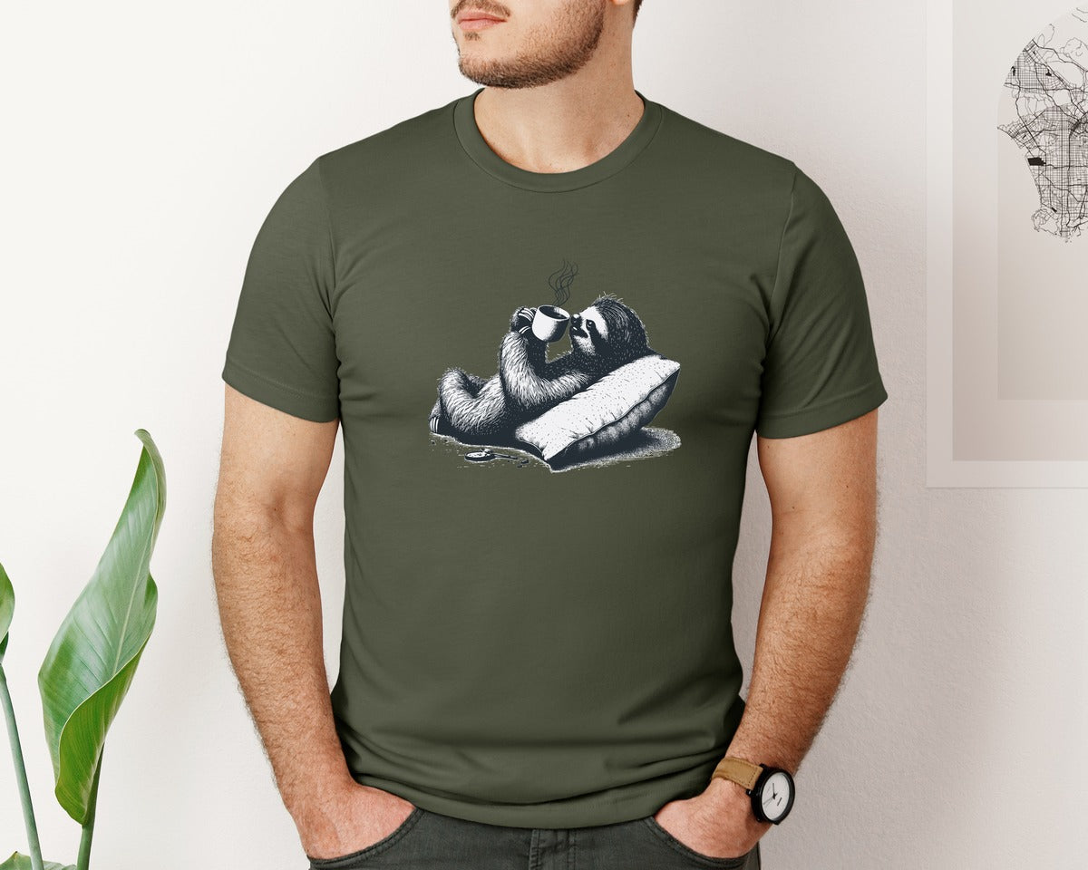brand:Bella Canvas|color:Military Green|Sloth Lying And Drink Coffee Shirt Graphic T-Shirt