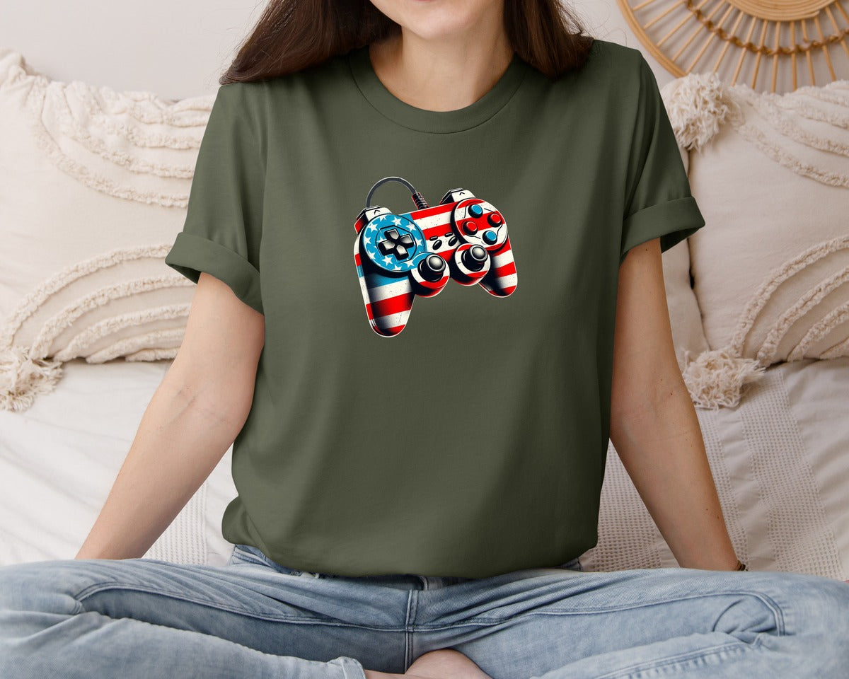 brand:Bella Canvas|color:Military Green|Usa Flag Video Game Controller Graphic T-Shirt
